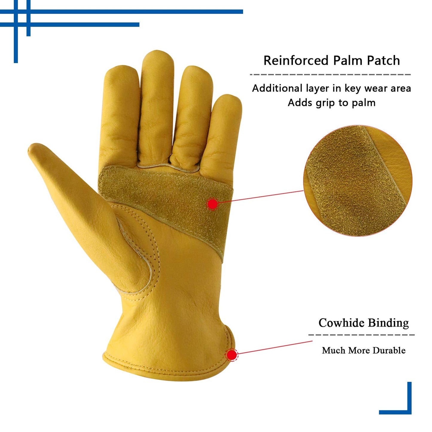 HLDD HANDLANDY 2 Pairs Cowhide Leather Work Gloves for Men & Women, Reinforced Durable Palm, Heavy Duty for Construction, Welding, Yardwork, Farm, Mechanic, Gardening, Driving