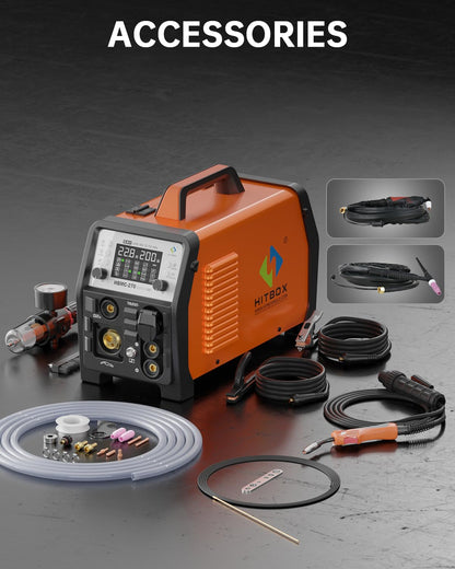 HITBOX MIG Welder 200A, 220V [6 in 1] Gasless/Gas MIG/HF TIG/Plasma Cutter 40A/Stick/Spot, 2T/4T Aluminum Multi Process Welder Machine with Synergy Large LED Display (HBMC270)