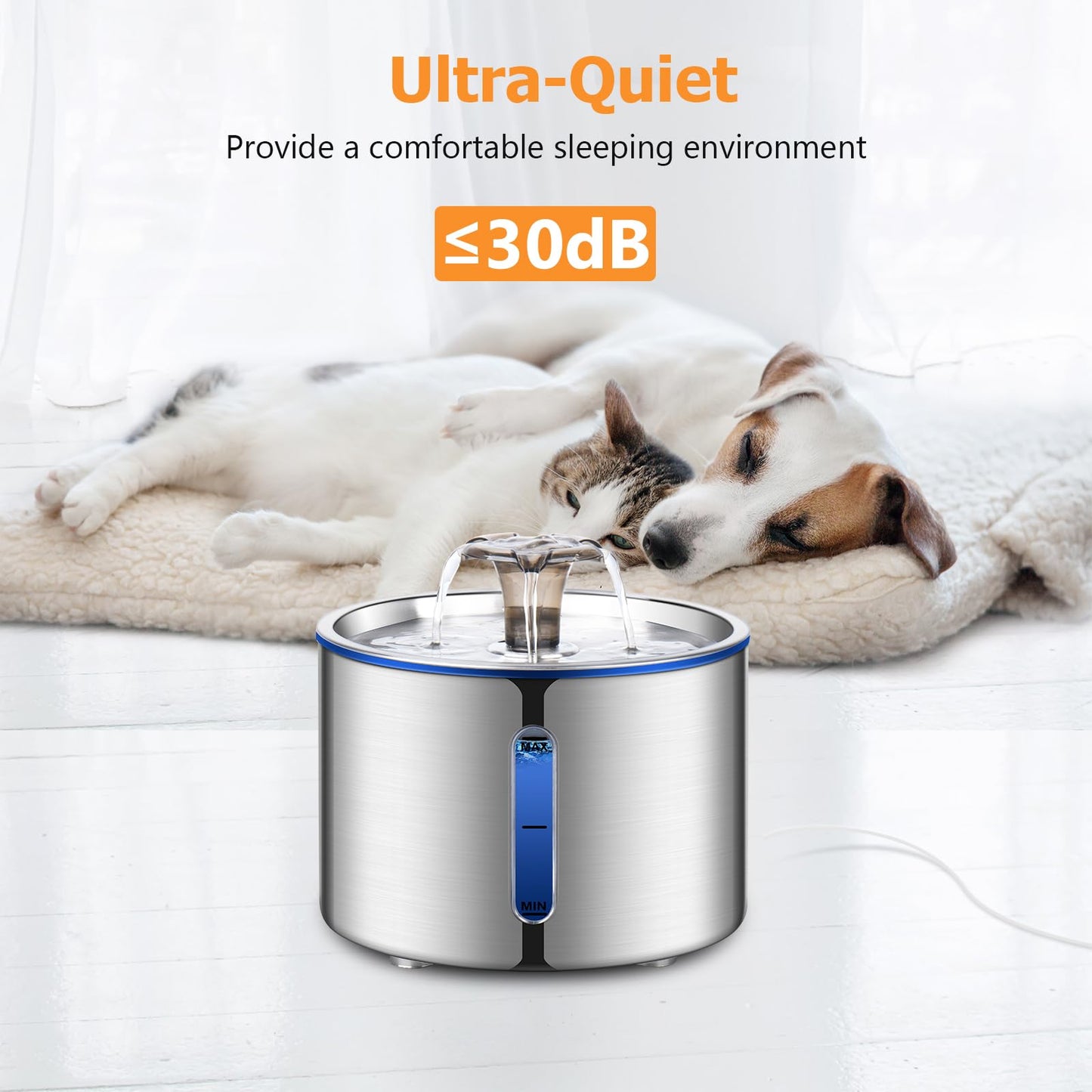 BOORCA Cat Water Fountain, 84oz/2.5L Stainless Steel Pet Water Fountain, Automatic Dog Water Dispenser with Water Level Window, Ultra-Quiet Pump, Perfect for Cats, Dogs and Multiple Pets