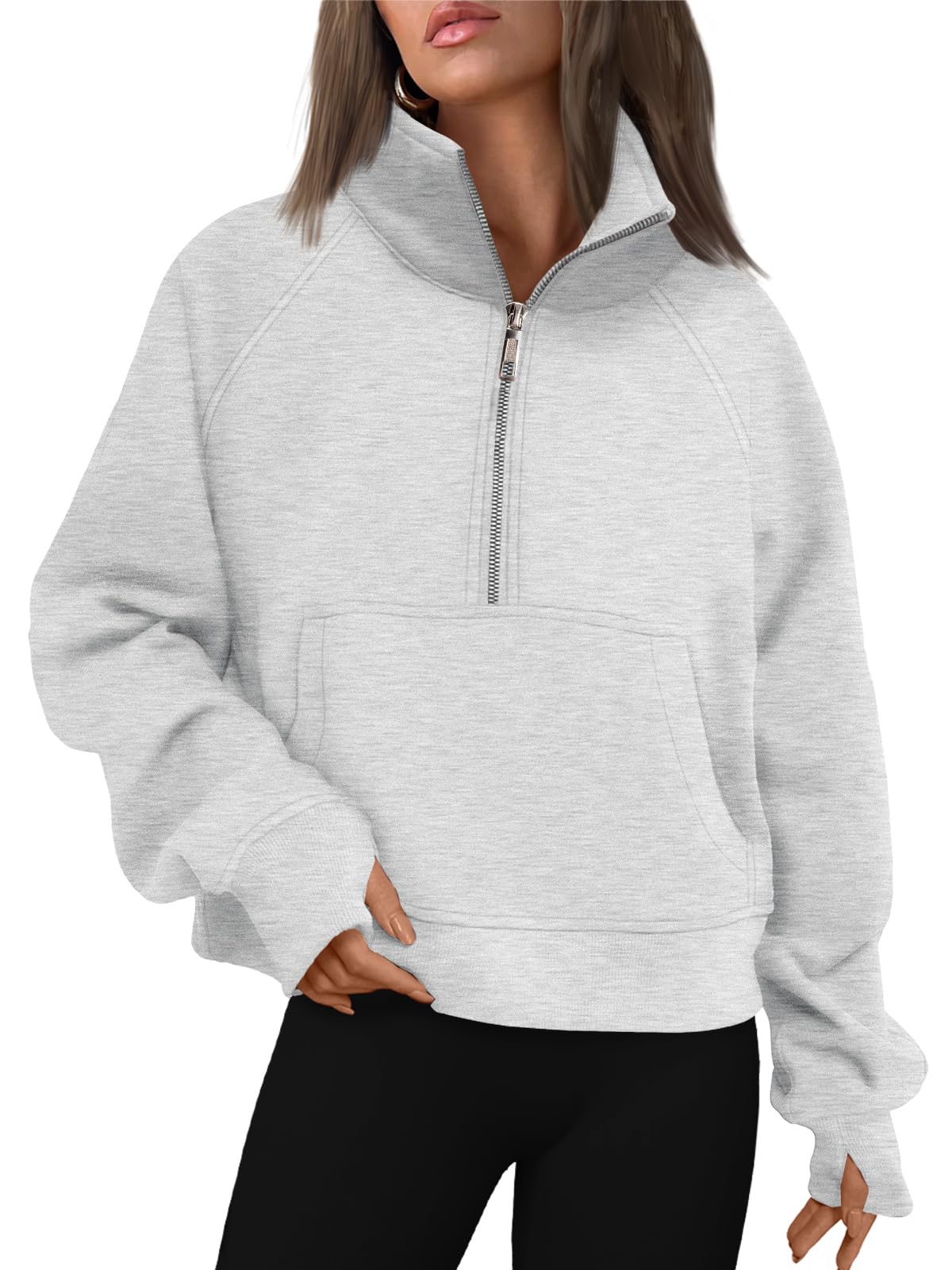 AUTOMET Womens Sweatshirts Half Zip Cropped Pullover Fleece Quarter Zipper Hoodies 2024 Fall Fashion Outfits Clothes Grey Large