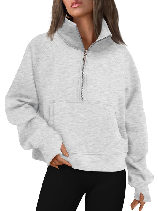 AUTOMET Womens Sweatshirts Half Zip Cropped Pullover Fleece Quarter Zipper Hoodies 2024 Fall Fashion Outfits Clothes Grey Large