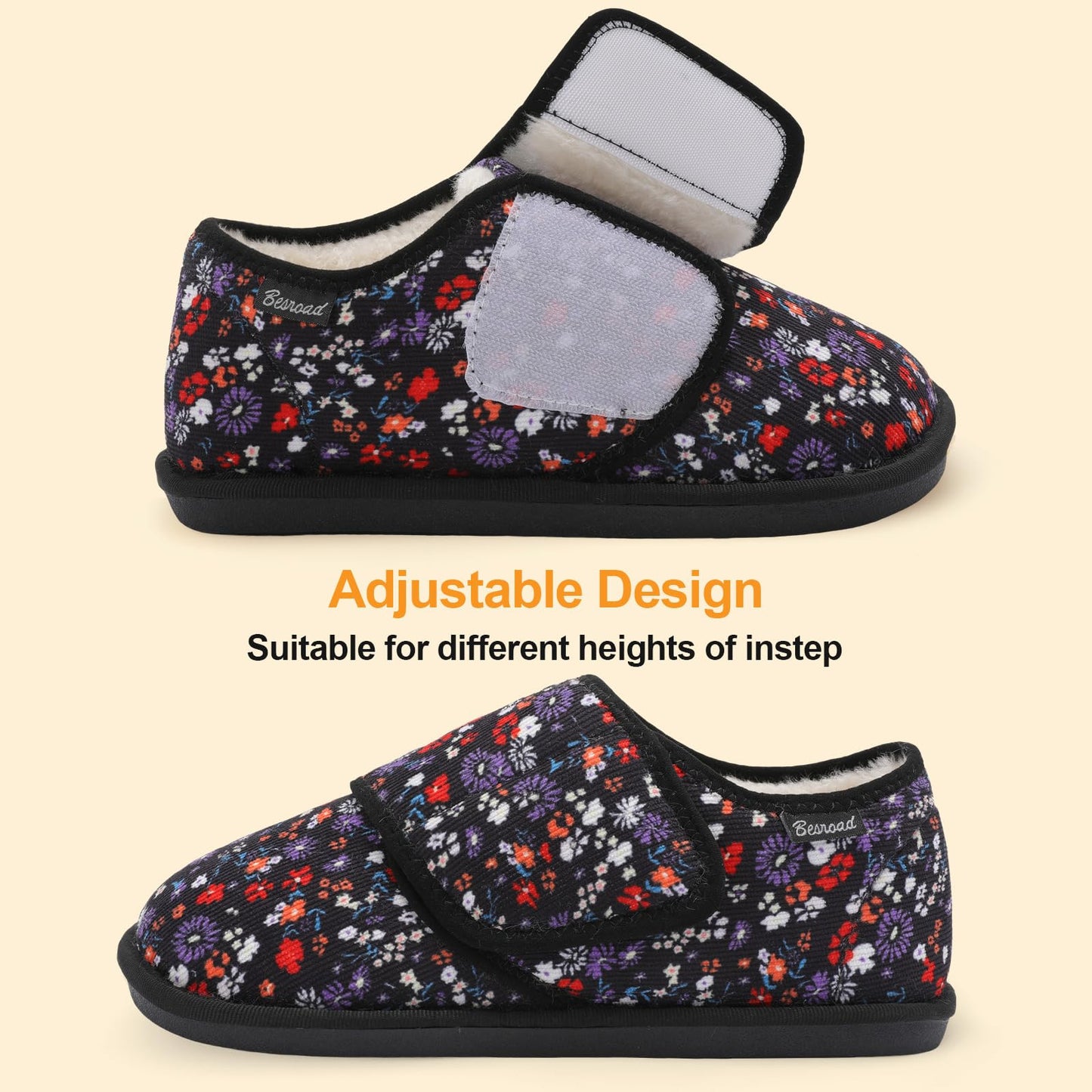 Besroad Winter Fuzzy House Slippers for Women Arthritis Edema Swollen Slippers Girls Fluffy Cozy Memory Foam Diabetic Shoes Flowers 8-9