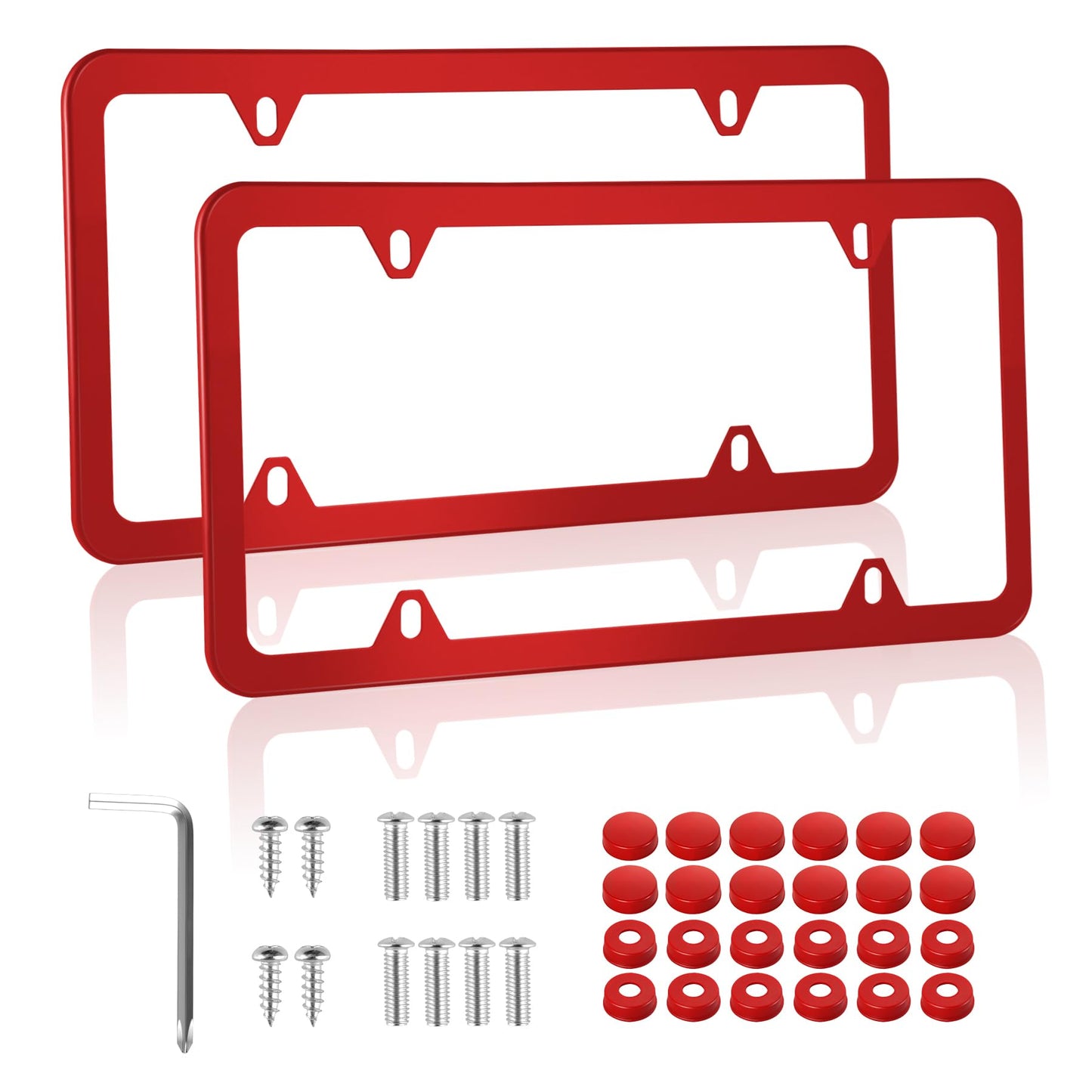 alpmosn 2PCS Stainless Steel License Plate Frames, 4 Holes Car Licence Plate Covers with Screws Washers and Caps, Car Exterior Accessories, License Plate Holder for US Vehicles (Red)