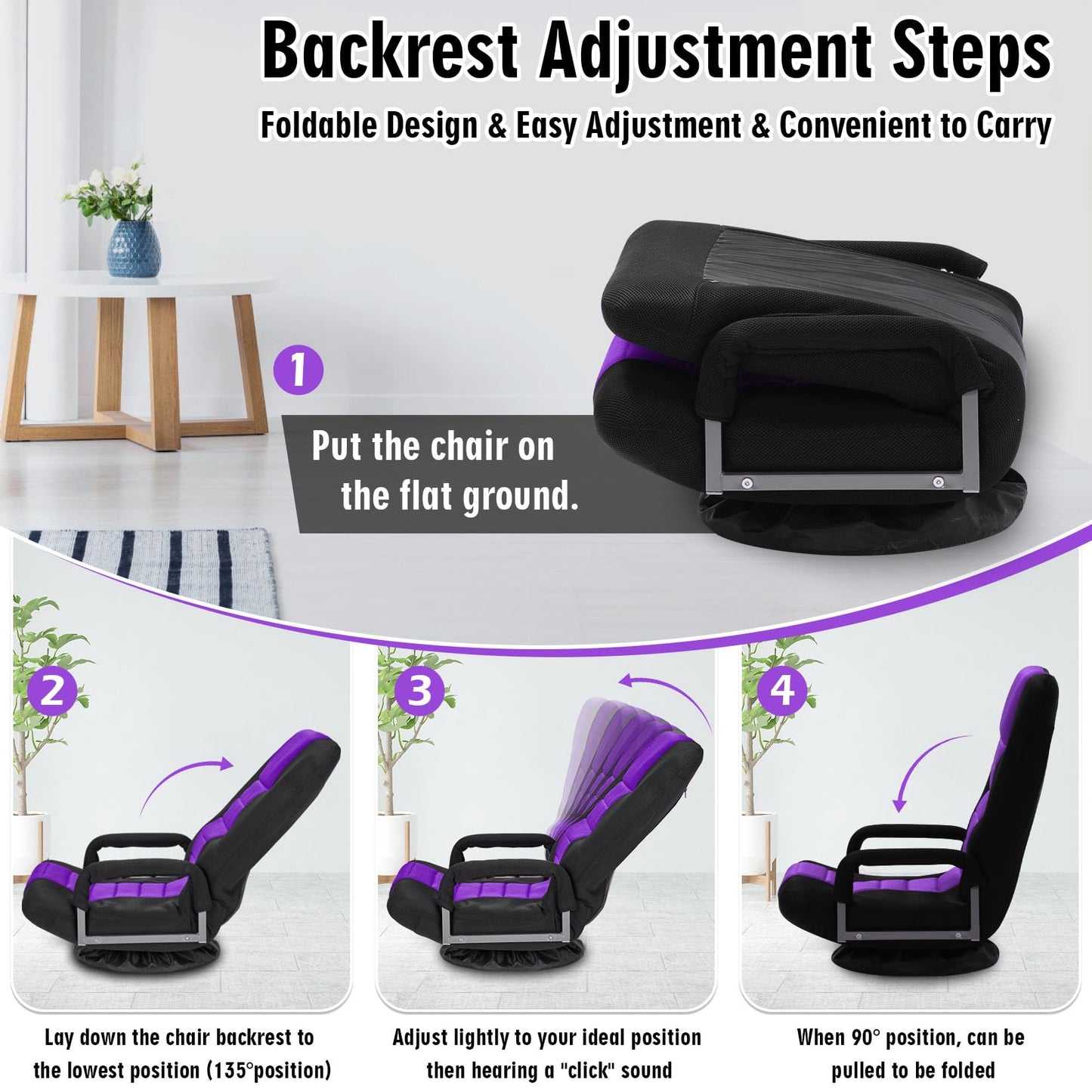 Buymoth Swivel Floor Gaming Chair w/Armrests,Folding Video Reclining Sofa w/6 Adjustable Position, Padded Backrest & Cushion, Lazy Lounger Couch for E-Sports, Reading, Relaxing, Watching TV, Purple