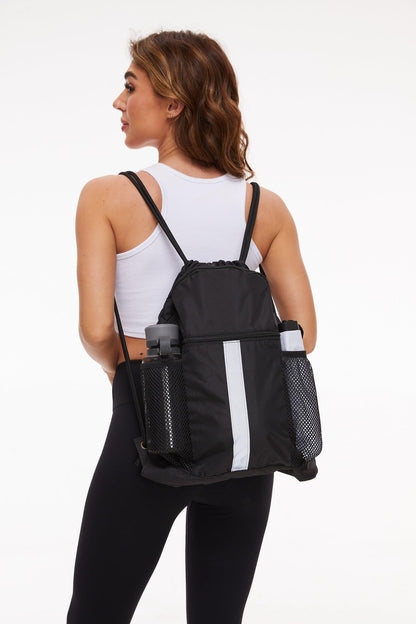 BeeGreen Drawstring Backpack Bag with Shoe Compartment, X-Large Black Gym Sports String Cinch Backpack, Athletic Sackpack with Front Inside Zipper Pockets