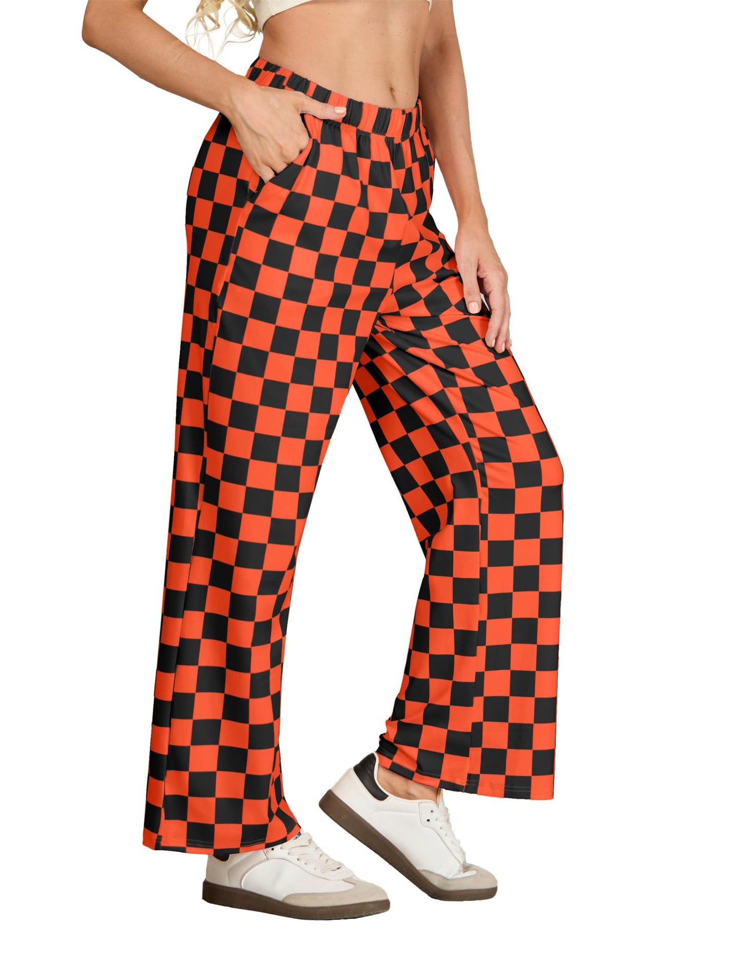 Women's Halloween Wide Leg Pants Checkered Casual Loose High Waist Loungewear Y2K Teen Gingham Sweatpants Summer Black Orange Plaid, L