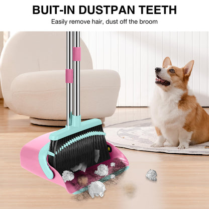 Broom and Dustpan Set, 52-in Long Adjustable Handle Broom Dustpan Combo with Dust pan Teeth to Automatically Clean Hair Suitable for Home Kitchen Office Hall Floor (Pink&Blue), 2 Pack