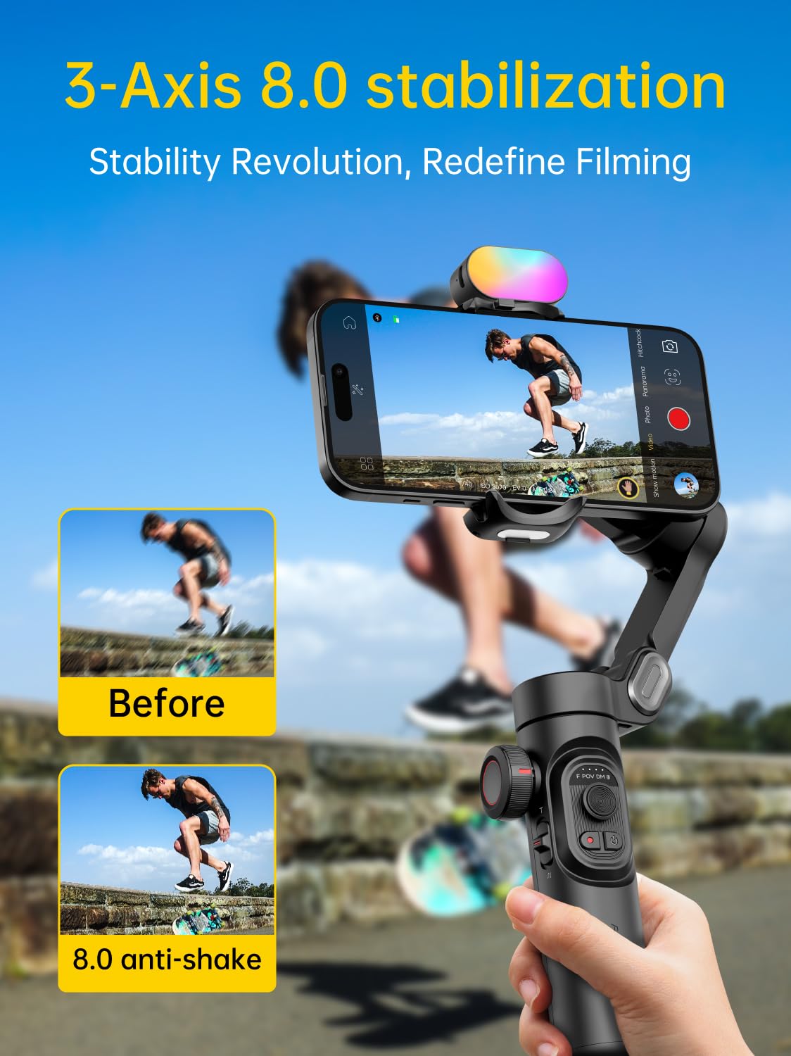 AOCHUAN 3-Axis Gimbal Stabilizer for Smartphone with RGB Magnetic Fill Light Upgraded Face Tracking Focus Wheel Foldable iPhone Gimbal for iPhone/Android Phone Stabilizer Vlog Recording Smart XE Kit