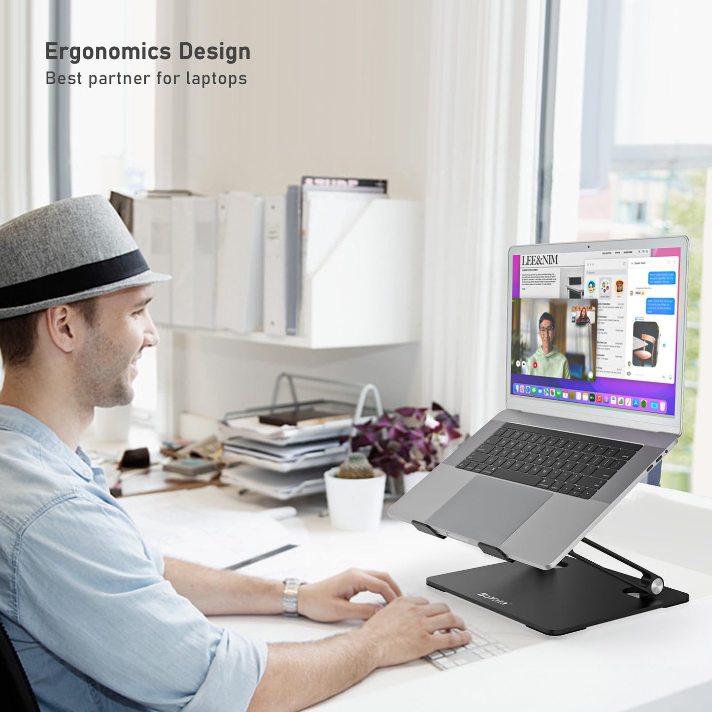 BoYata Laptop Stand, Adjustable Laptop Riser with Slide-Proof Silicone and Protective Hooks, Laptop Stand for Laptop up to 17 Inches, Laptop Holder Compatible for MacBook, Laptop-Black