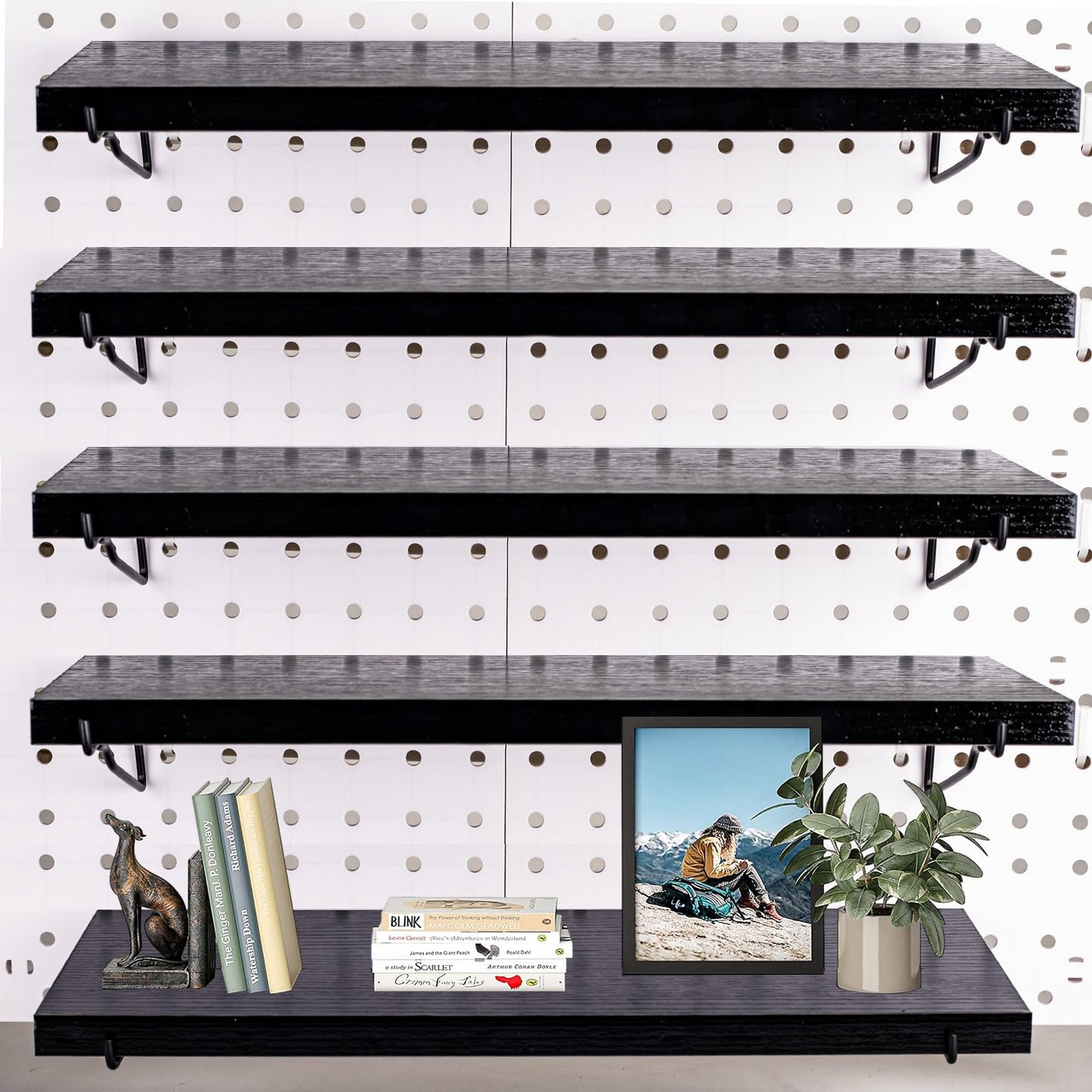 Black Pegboard Shelf, 4 Pack Wooden Pegboard Shelves with Metal Brackets Hooks, Heavy Duty Peg Board Organizer Shelves, Pegboard Accessories Organizer for Crafts Room, Garage, Workbench, Office