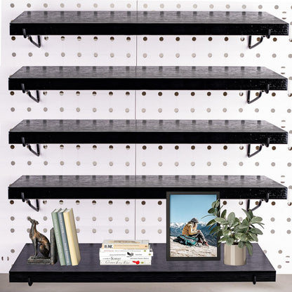 Black Pegboard Shelf, 4 Pack Wooden Pegboard Shelves with Metal Brackets Hooks, Heavy Duty Peg Board Organizer Shelves, Pegboard Accessories Organizer for Crafts Room, Garage, Workbench, Office