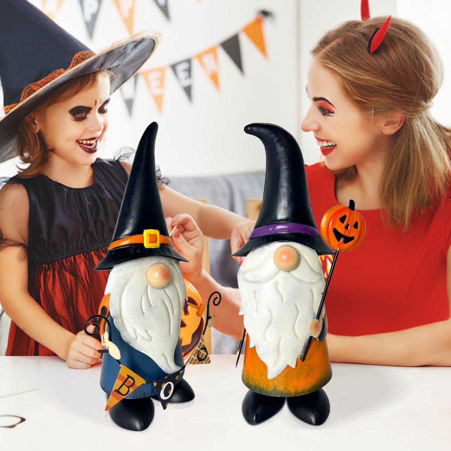 HONGLAND Halloween Gnomes Yard Art - Metal Gnome Statue Garden Decor- 3D Spring Gnome Halloween Decorations - Ghost Pumpkin Decor- Thanksgiving for Mom, Lawn Patio Yard Garden Decor