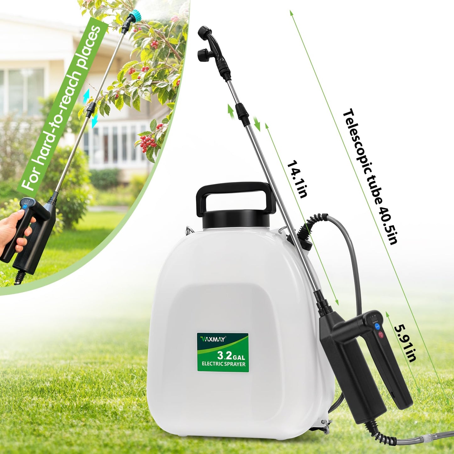 Battery Powered Sprayer 3.2 Gallon, VAXMAY Backpack Sprayer with 3 Adjustable Speeds, Battery Indicator, 5 Mist Nozzles, 41" Retractable Wand, USB Rechargeable Weed Sprayer for Lawn Garden Yard