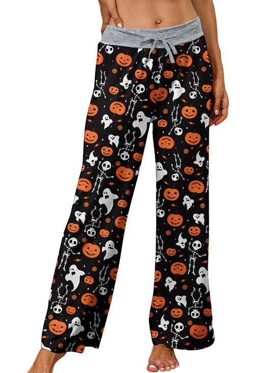 ALISISTER Halloween Pj Pants for Women Skeleton Skull Wide Leg Pajama Pants Pumpkin Casual Comfy Drawstring Sleep Bottoms Sleepwear Pyjamas Size L Orange