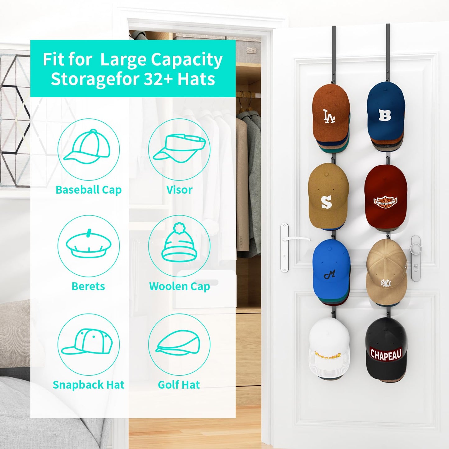 HapiRm Over Door Hat Rack - 2 Packs Hat Organizer with 8 Hooks Design, Hanging Baseball Cap Organizer Storage Holds Up to 40 Caps for Door, Bedroom, Closet (Black)