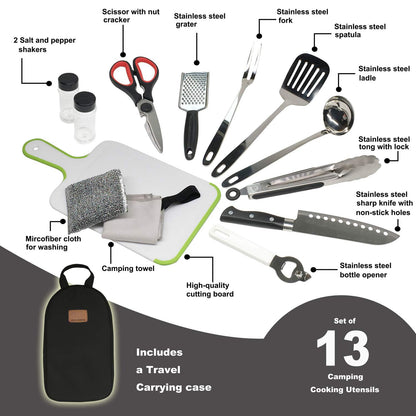 Camp Kitchen Utensil Organizer Travel Set Portable BBQ Camping Cookware Stainless Steel Utensils Travel Kit Outdoor Equipment Cutting Board Tongs Scissors Knife Ladle Spatula