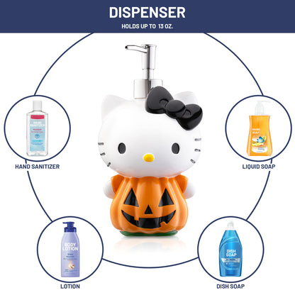 Hello Kitty Pumpkin Jack - O- Lantern Soap Dispenser - Autumn & Halloween Bathroom Decor and Storage - Orange Resin Lotion Pump
