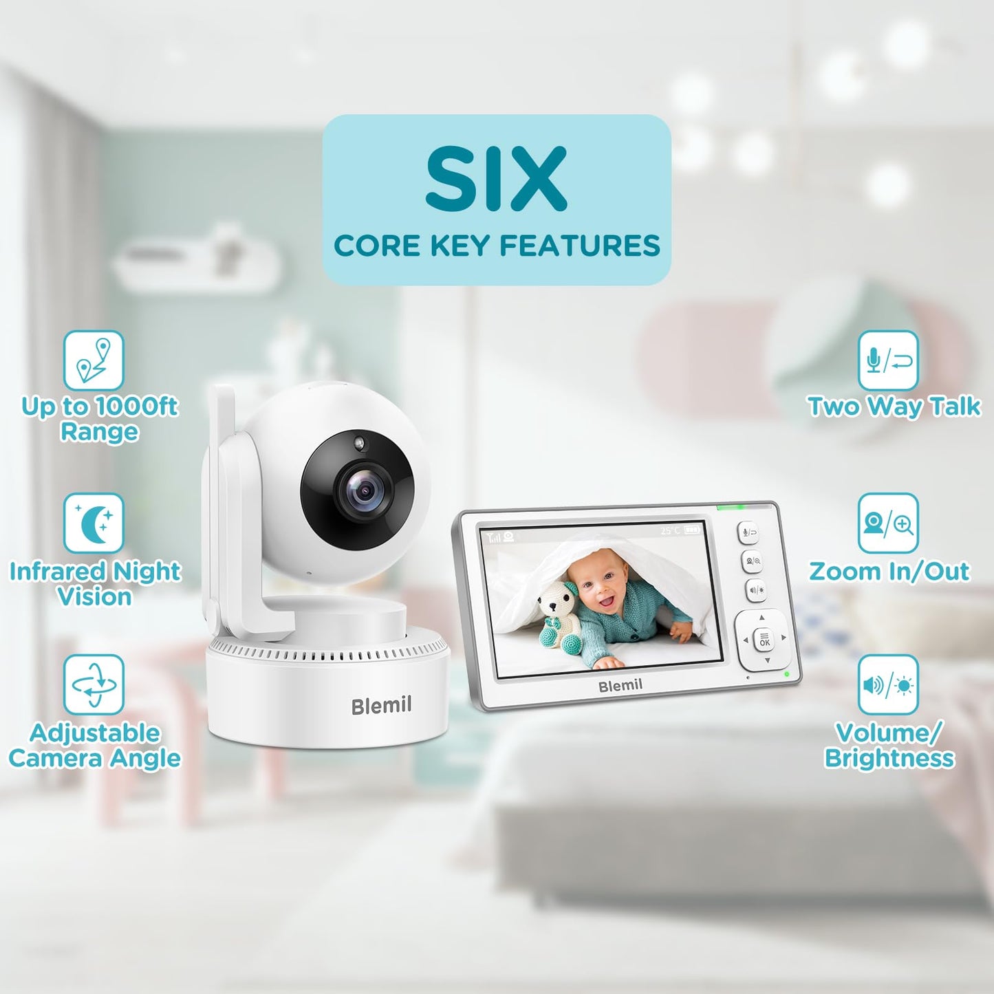 Blemil Baby Monitor with 2 Cameras and Audio, 4.3'' IPS Split-Screen Monitor with 29-Hour Battery, 1000ft Range Pan-Tilt-Zoom Video Baby Monitor No WiFi, 2X Zoom