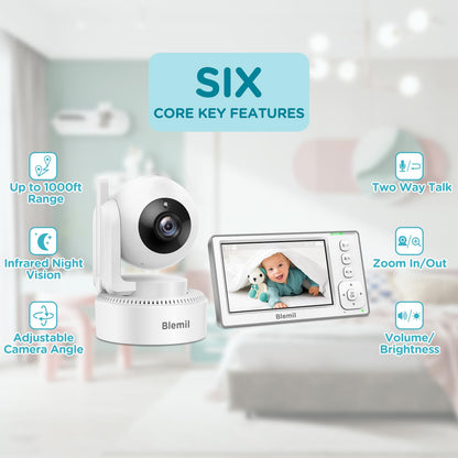 Blemil Baby Monitor with 2 Cameras and Audio, 4.3'' IPS Split-Screen Monitor with 29-Hour Battery, 1000ft Range Pan-Tilt-Zoom Video Baby Monitor No WiFi, 2X Zoom