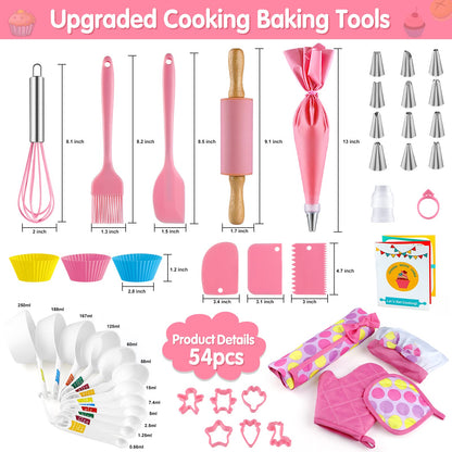 INNOCHEER Kids Baking and Cooking Set for Girls, 54PCS Chef Costume Set with Kids Apron, Chef Hat, All Real Cooking Tools and Baking Supplies, Kitchen Utensils and Recipes for Child Junior Chefs 3+