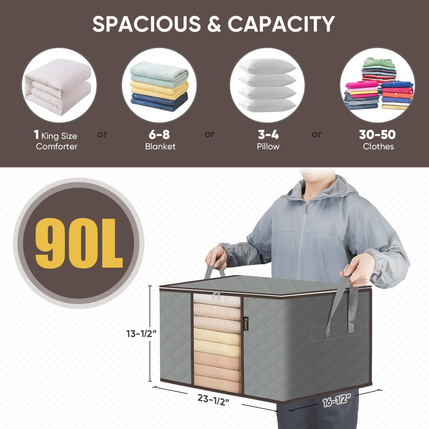 BALEINE 6 Pack Clothes Storage Bags, 24 Gallon Storage Containers with Reinforced Handle, Sturdy Zipper, Closet Organizer for Blanket, Comforter, Pillow, Bedding (Grey, 6 Pack)