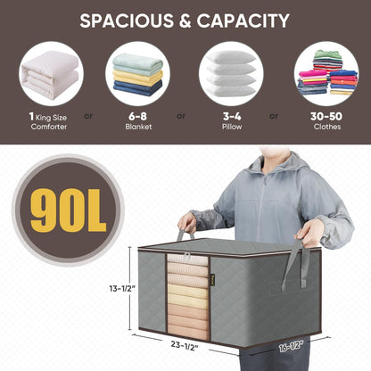 BALEINE 6 Pack Clothes Storage Bags, 24 Gallon Storage Containers with Reinforced Handle, Sturdy Zipper, Closet Organizer for Blanket, Comforter, Pillow, Bedding (Grey, 6 Pack)