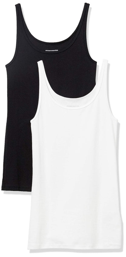 Amazon Essentials Women's Slim-Fit Thin Strap Tank Top, Pack of 2, Black/White, Small