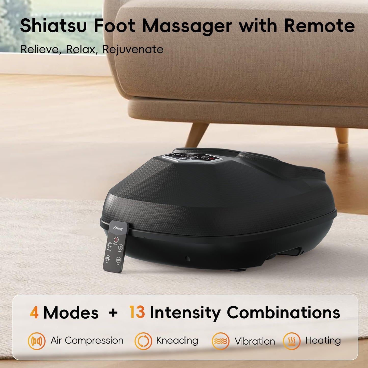 Howdy Shiatsu Foot Massager Machine with Heat, Compression & Remote - Deep Kneading, 3 Intensity Levels, Gifts for Women/Mom/Dad - Fits Size 12, Removable Washable Covers & Portable Storage Bag