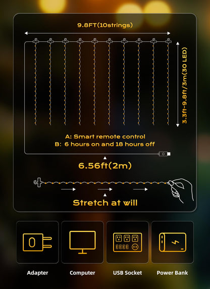 Brightown 300 LED Fairy Curtain Lights, 9.8ft x 9.8ft Warm White Curtain String Lights, USB Plug in 8 Lighting Modes Christmas Decoration, Hanging Lights with Remote for Bedroom Indoor Weddings Dorm