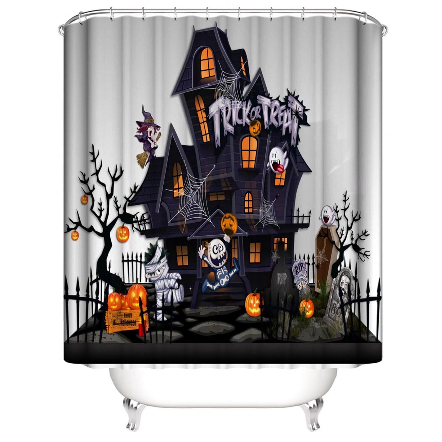 AZHM Halloween Shower Curtain Sets Haunted House Pumpkin Shower Curtains with 12 Hooks, Bathroom Decor Sets with Curtain and Rugs
