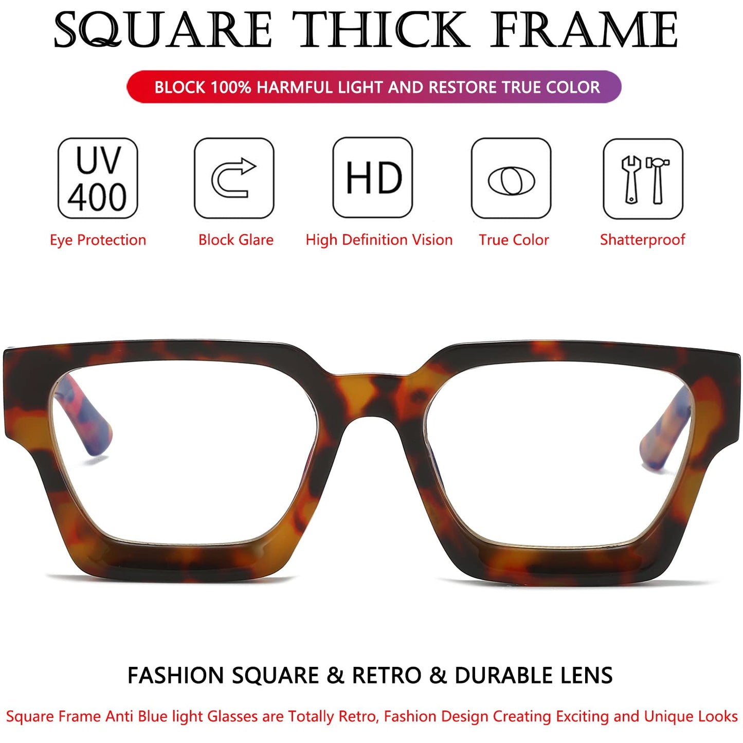 AIEYEZO Square Thick Frame Glasses for Women Men Fashion Blue Light Glasses Trendy Chic Computer Eyeglasses (Tortoise)