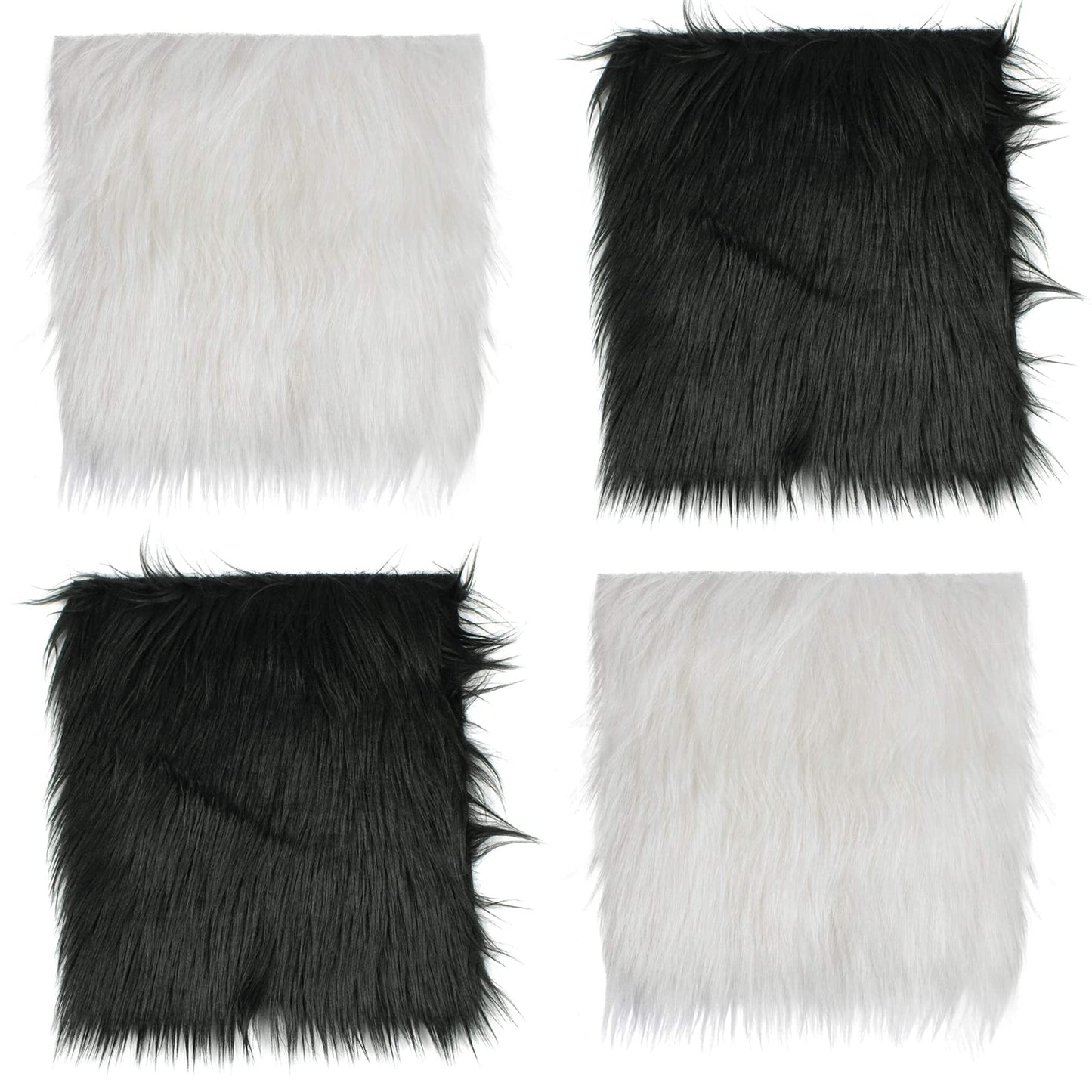 Barcelonetta Faux Fur Fabric | Pre-Cut Fur Squares for Sewing, DIY Crafts, Costumes, Upholstery | Soft, Vegan Faux Fur | Material for Plush Toy Projects (2-Wht 2-Blk Pack, 10" X 10")