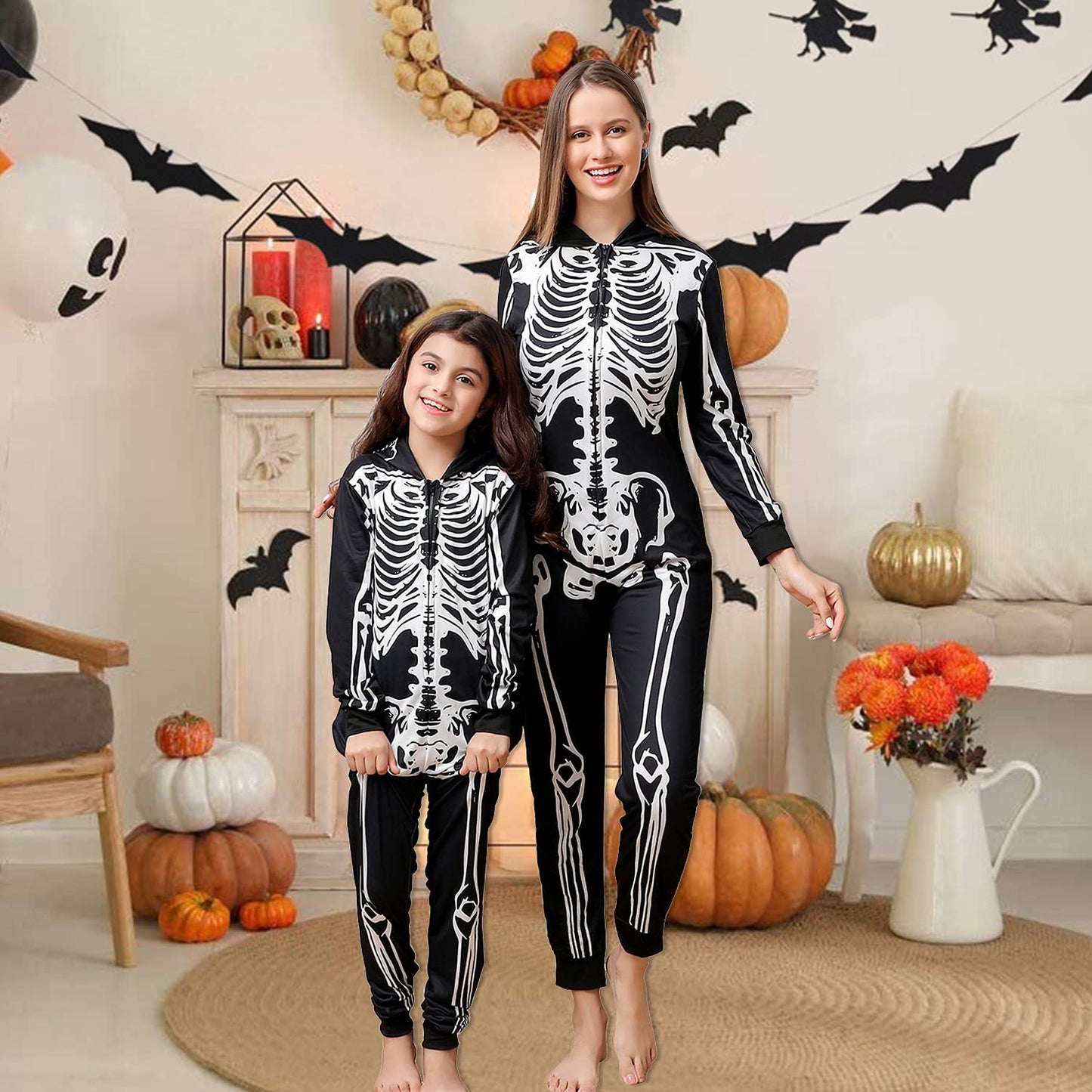ANGELGGH Family Matching Halloween Onesie Pajamas, Funny Skeleton Printed Hooded Zippered PJs Holiday Loungewear for Men/Women (Men, M, Skull)