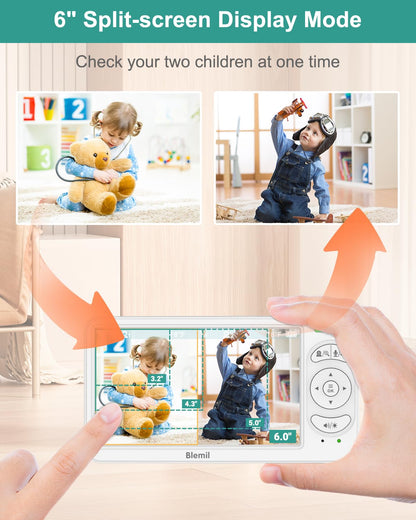 6" Baby Monitor with 2 Cameras and Audio 30 Hours Battery Upgrade Split Screen Video Baby Monitor Remote Pan-Tilt-Zoom 178°Wide-Angle 150 Languages No WiFi ECO 2-Way Talk Night Vision 1000ft Travel