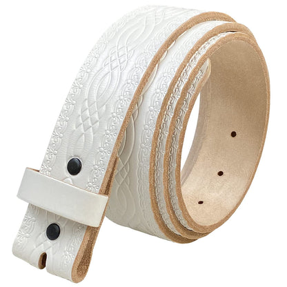 BS085 Genuine Full Grain Engraved Embossed Leather Belt Strap with Snaps on 1-1/2"(38mm) Wide (White, 42)