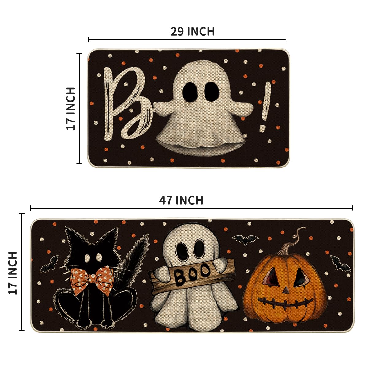 Artoid Mode Bats Black Cats Boo Pumpkin Halloween Kitchen Mats Set of 2, Home Decor Low-Profile Kitchen Rugs for Floor - 17x29 and 17x47 Inch