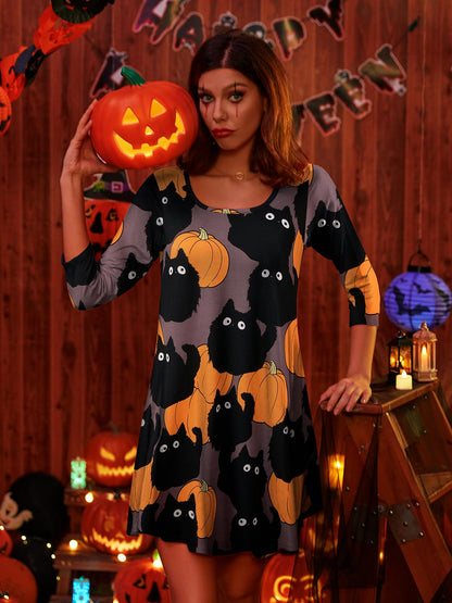 BELAROI Womens Plus Size Halloween Dress Casual Swing 3/4 Sleeve Scoop Neck T Shirt Loose Tunic Dresses Pumpkin, Black Cat Pattern Print with Pockets (1X, Flower91)