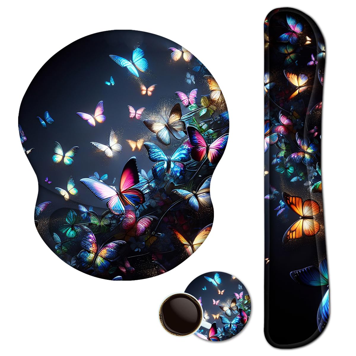 ARTSO Ergonomic Mouse Pad with Wrist Rest, Comfortable Keyboard Wrist Rest, Memory Foam Mousepad for Computer Keyboard, Mouse Pad Set for Easy Typing, Pain Relief, Night Butterfly