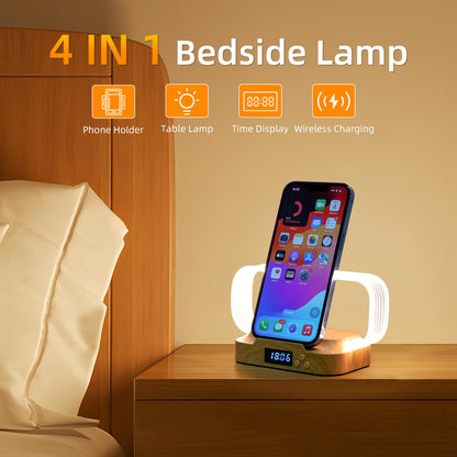 Hiwoor Bedside Table Lamp with 15w Wireless Charger, Touch Control LED Table Lamp with Clock and Phone Stands, Reading lamp 3 Modes and Stepless Dimming for Night lamp for Kids and Adults