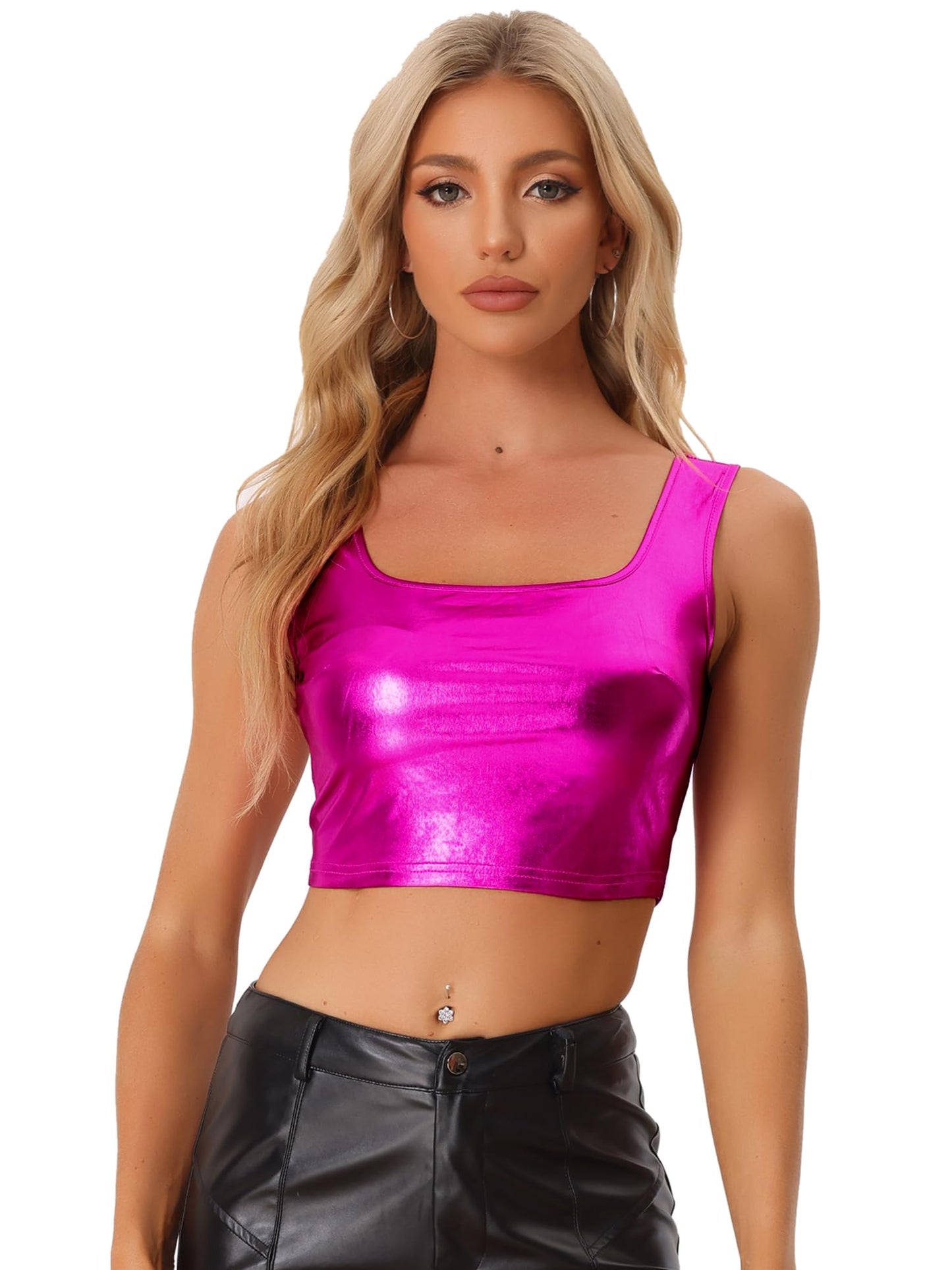 Allegra K Women's U Neck Sleeveless Halloween Party Clubwear Holographic Shiny Metallic Crop Top Small Hot Pink