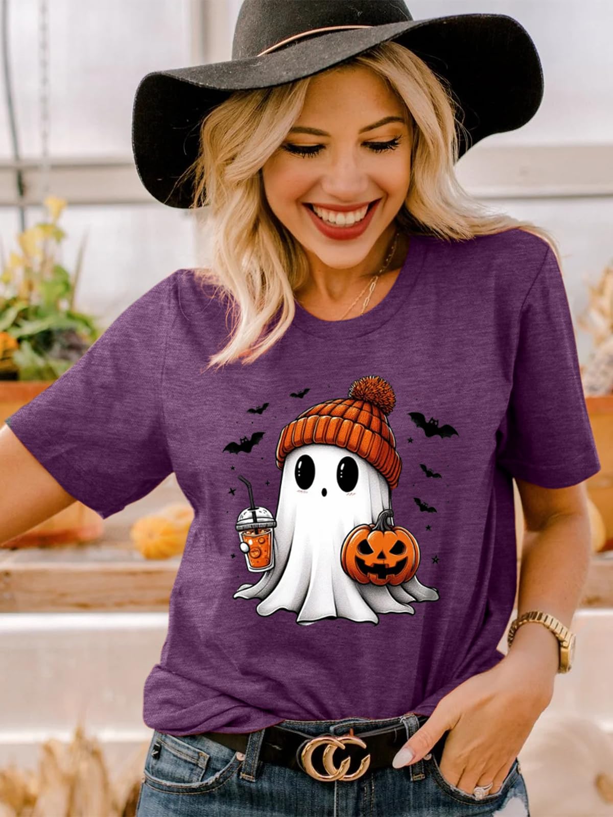 Womens Halloween Ghost Shirt Fall Cute Ghost Pumpkin Graphic Short Sleeve Tee Autumn Pumpkin Coffee T Shirt(M, Purple)