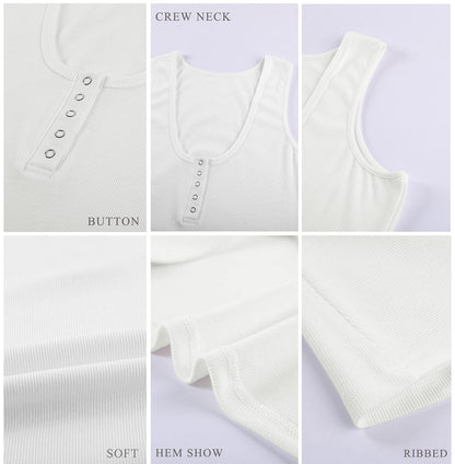 BTFBM Women's Summer Ribbed Tank Tops Crew Neck Button Down Slim Fit Basic Sleeveless Tunic Blouse Casual Henley Shirts(White, Large)