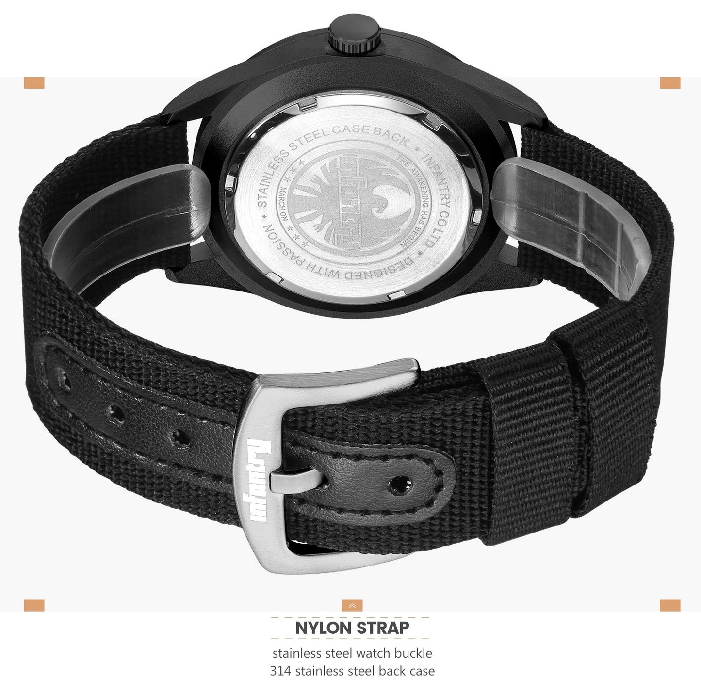 Infantry Mens Military Army Outdoor Sport Watch Field Tactical Black Wrist Watches for Men Waterproof 24 Hour Work Date Day Analog Wristwatch Nylon Band