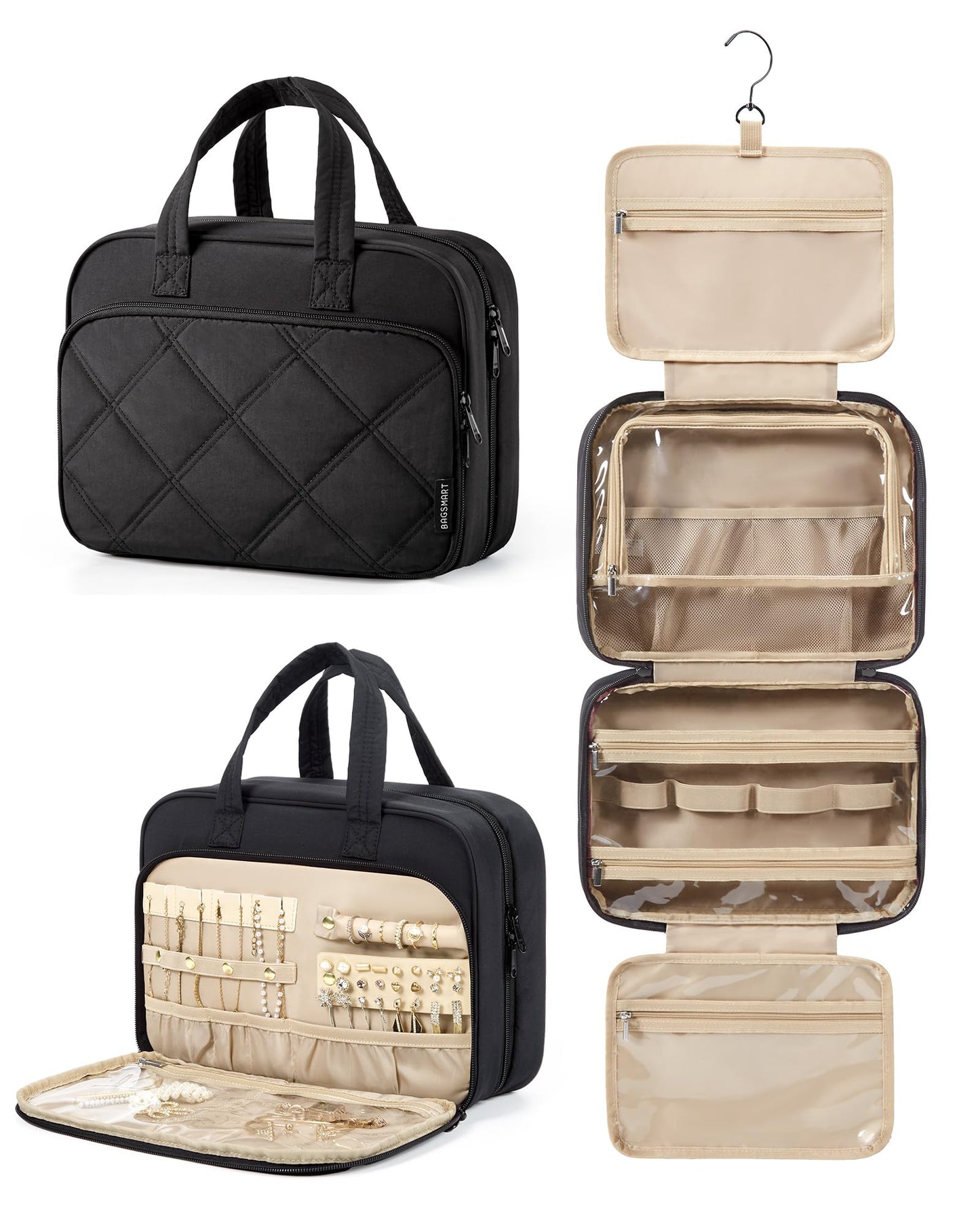 BAGSMART HangingToiletry Bag for Women, Puffy Travel Toiletry Bag with Jewelry Organizer, Waterproof Cosmetic Makeup Bag Compartment, Toiletries Kit Set for Traveling, Accessories, Essentials (Large)