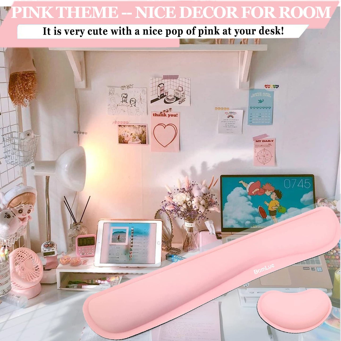 BamLue Upgrade Cleanable PU Leather Keyboard Wrist Rest, Gel Mouse Wrist Pillow Pad Set for Easy Typing & Pain Relief for Laptop, Office & Home, Ergonomic Sets for Keyboard-Pink