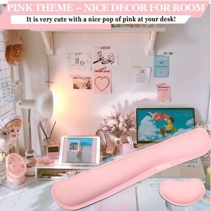 BamLue Upgrade Cleanable PU Leather Keyboard Wrist Rest, Gel Mouse Wrist Pillow Pad Set for Easy Typing & Pain Relief for Laptop, Office & Home, Ergonomic Sets for Keyboard-Pink