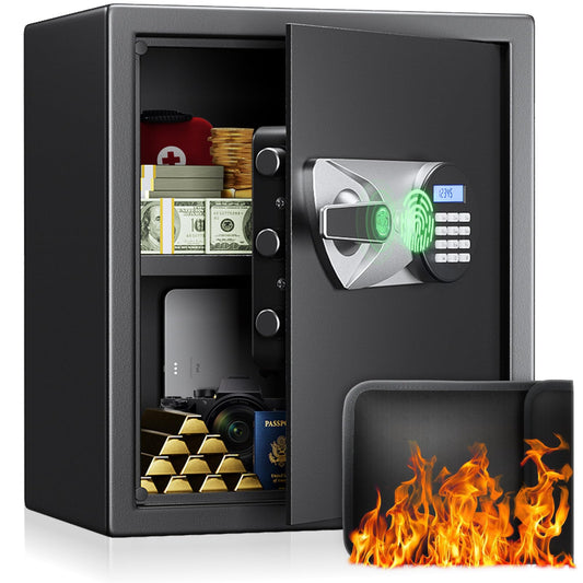 BlackSmith Biometric Safe Box 1.5 Cub Home Security Safe Fingerprint Recognition Money Safe with Keys Keypad Lock Box Secure Jewelry Valuables with Dual Alarm System Fireproof Bag, Black