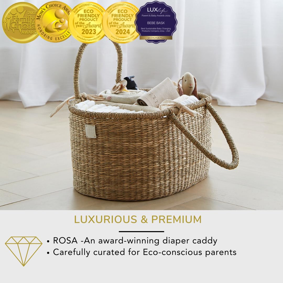 BEBE BASK Premium Baby Diaper Caddy Organizer - Artisan-Made Seagrass Basket With Cotton Divider - Award-Winning & Luxury Diaper Caddy Basket (ROSA)