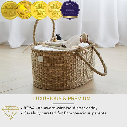 BEBE BASK Premium Baby Diaper Caddy Organizer - Artisan-Made Seagrass Basket With Cotton Divider - Award-Winning & Luxury Diaper Caddy Basket (ROSA)