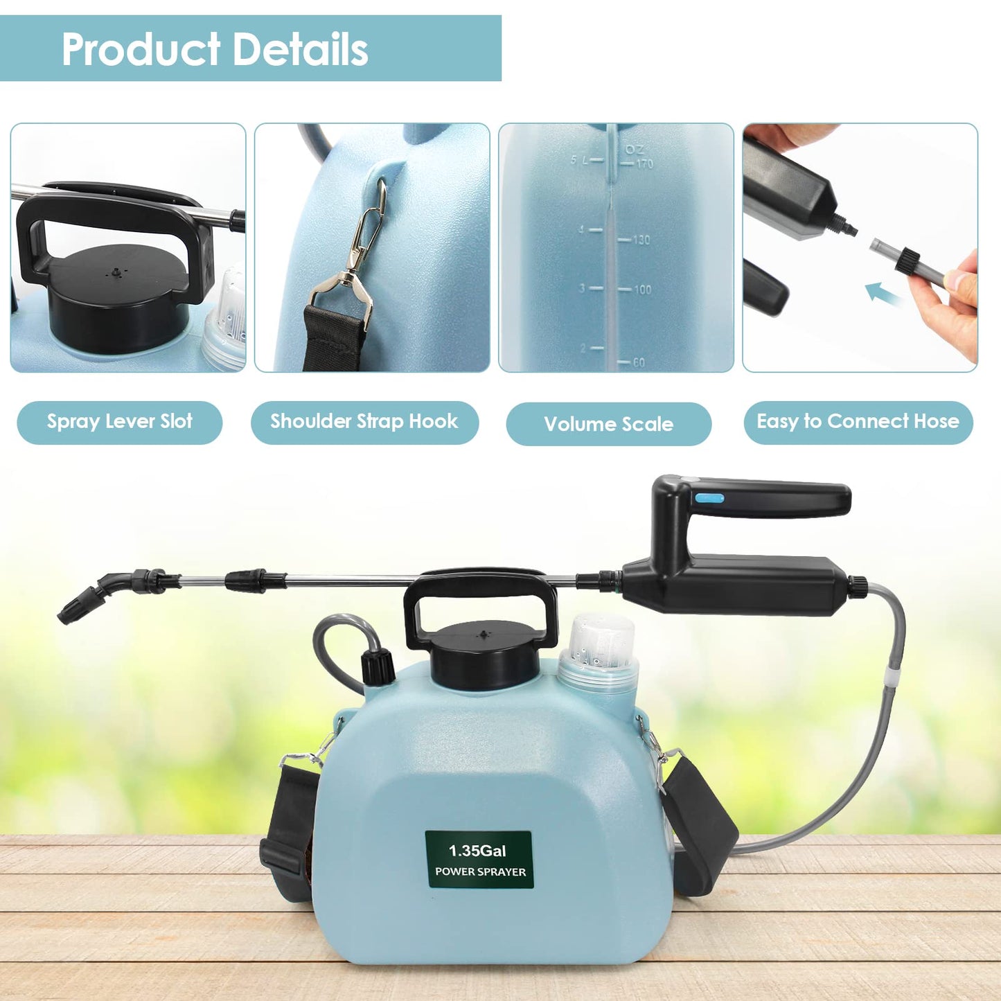 Battery Powered Sprayer 1.35Gallon, Upgrade Garden Sprayer with 3 Mist Nozzles, USB Rechargeable Handle and Retractable Wand with Adjustable Shoulder Strap for Lawn,Garden,Cleaning